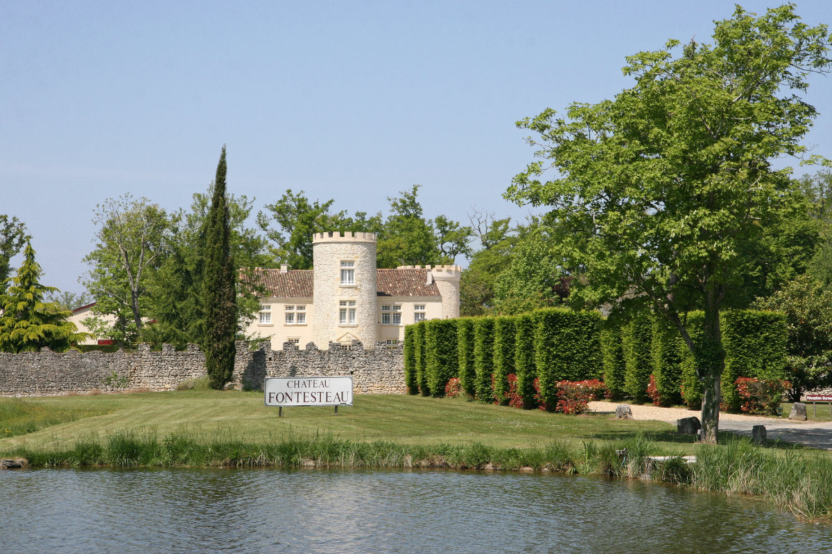 Chateau Fontesteau umgeben von grünen Bäumen und Teich