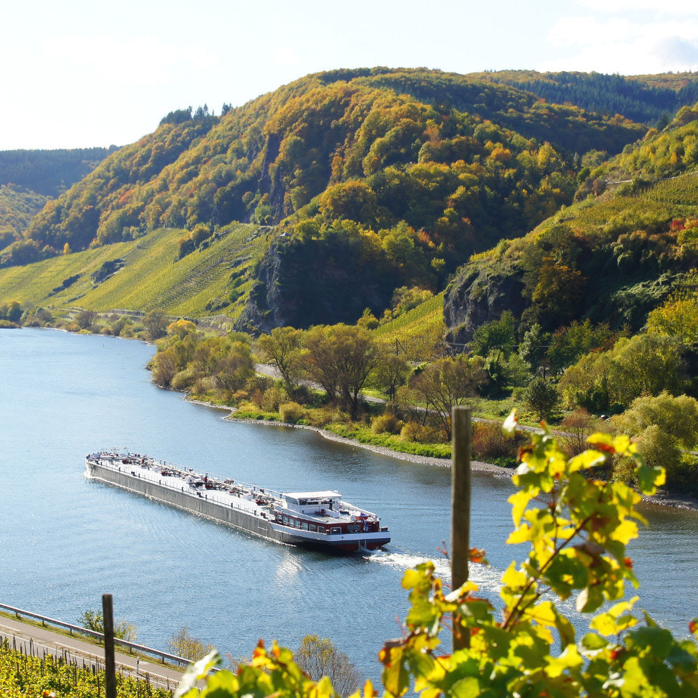 Blick auf die Mosel mit fahrendem Schiff und Weinbergen als Beispielbild für die Einig-Zenzen Wein- und Sektkellerei