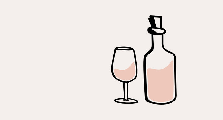stilisierte Weinflasche mit Korken und Weinglas mit Roséwein gefüllt als Kategoriebild für Roséweine