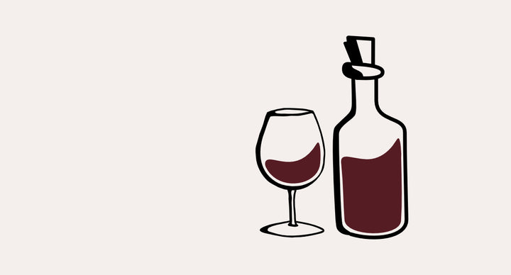 stilisierte Weinflasche mit Korken und Weinglas mit Rotwein gefüllt als Kategoriebild für Rotweine