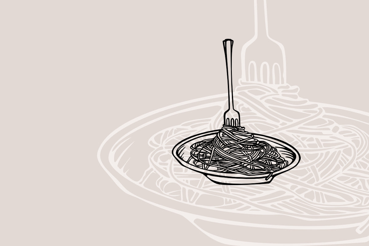 Teller mit Spaghetti und Gabel illustriert als Kategoriebild für Wein zu Pasta