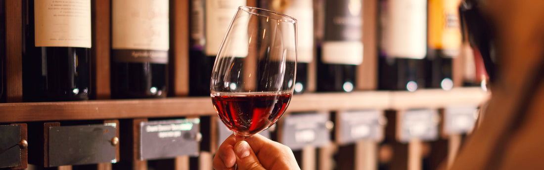Hand hält ein Weinglas mit Rotwein vor einem Regal mit Weinflaschen in einem Weinladen