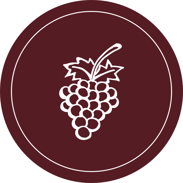 Weintraube in weiß illustriert auf rotem Kreis als Icon für Vertrauen und Leidenschaft für Wein