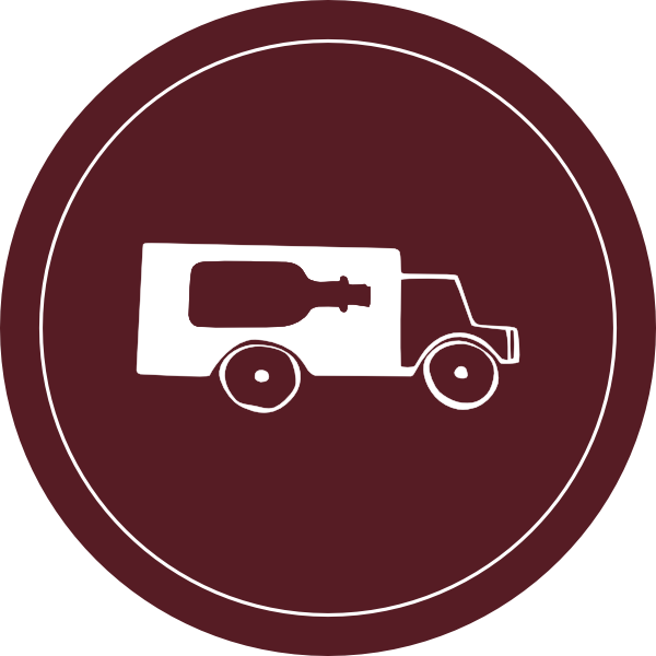 Lieferwagen mit Weinflasche drauf in rotem Kreis, illustriert als Symbol für schnelle Lieferung