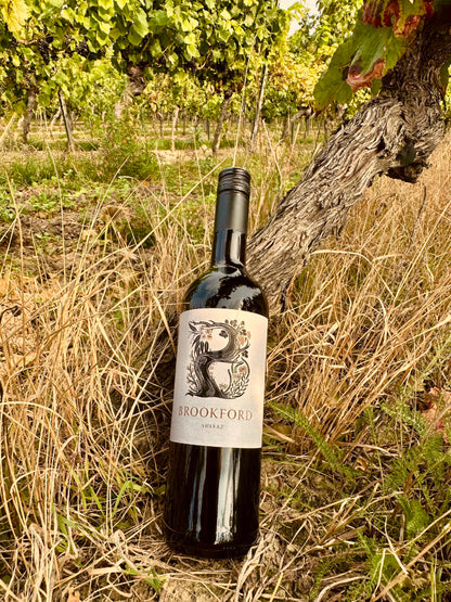 Brookford Shiraz Rotwein umgeben von Weinreben im Weinberg