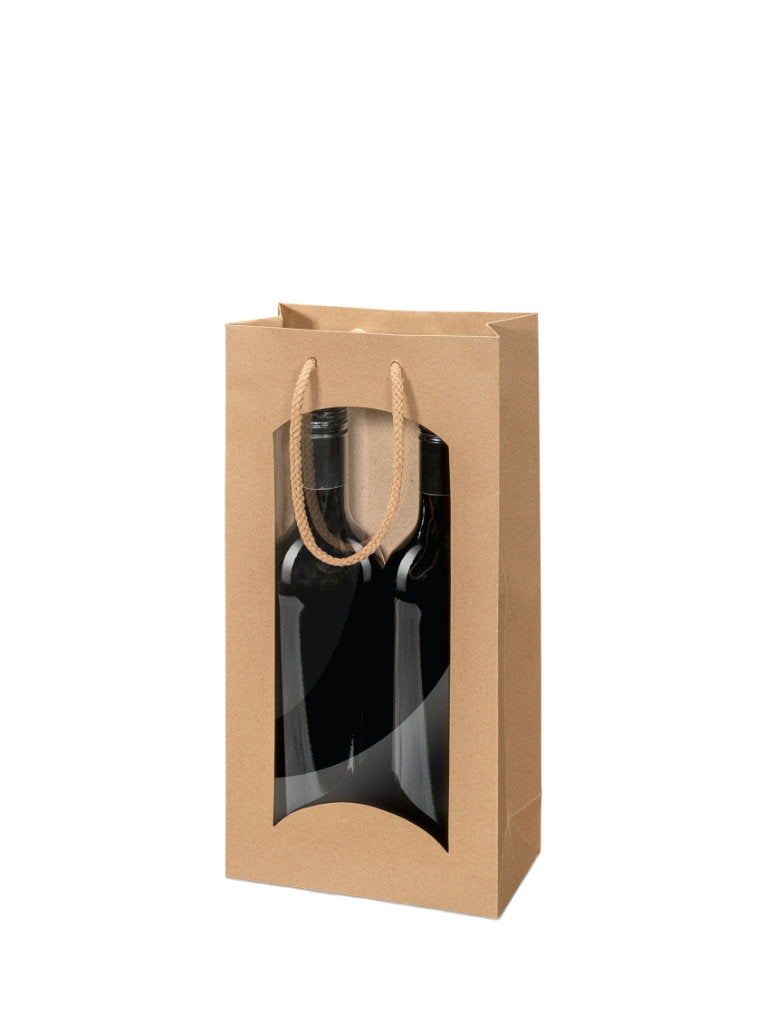 Geschenkverpackung Flaschentragetasche Natur mit Fenster 2 Flasche