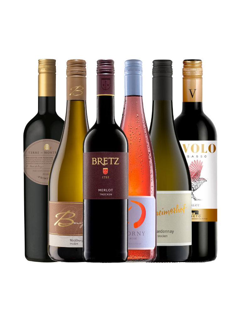 6er Weinpaket Wein und vegetarisch Flaschenabbildung