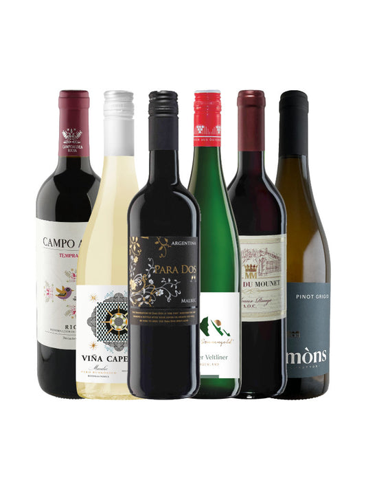 6 Flaschen Wein als Weinpaket zu Käse