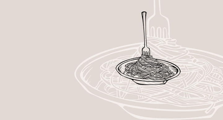 Illustrierter Pasta Teller mit Gabel als Kategoriebild für Wein zu Pasta