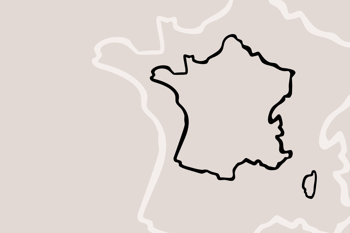 Kategoriebild Wein aus Frankreich  Minimalistische Illustration einer Frankreich-Karte, stilisiert in Schwarz-Weiß