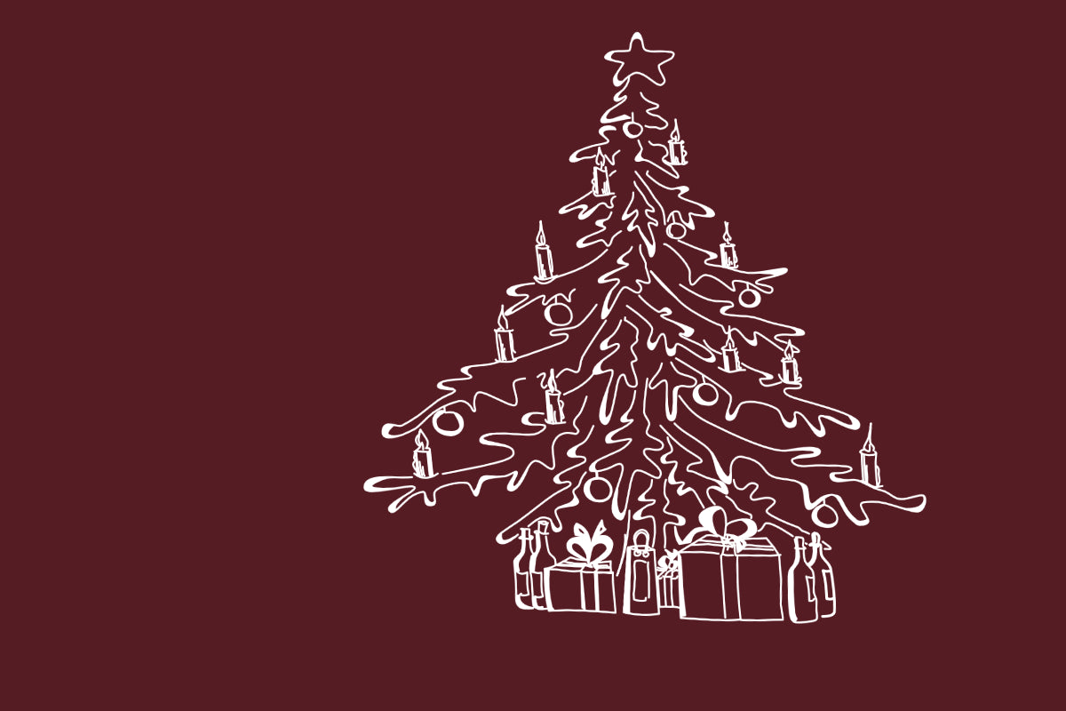 Wein für Weihnachten Illustration eines Weihnachtsbaums mit Flaschen unterm Baum