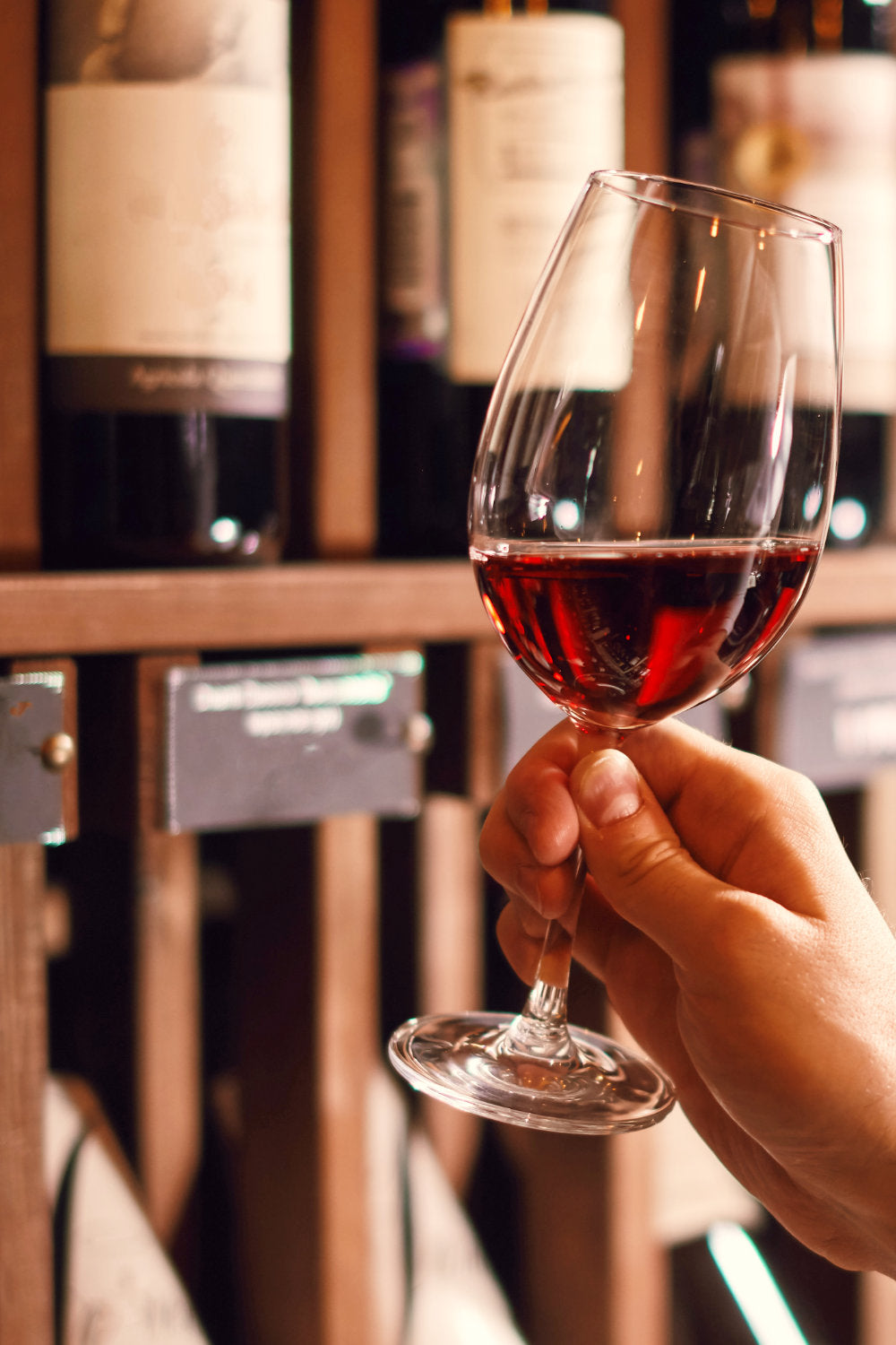 Hand hält ein Weinglas mit Rotwein vor einem Regal mit Weinflaschen in einem Weinladen
