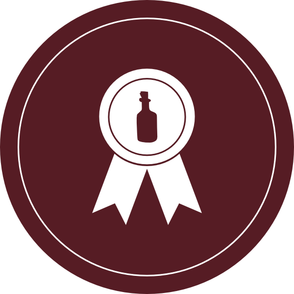Weinflasche auf Schleife drauf in rotem Kreis, illustriert als Symbol für ausgezeichnete Weine